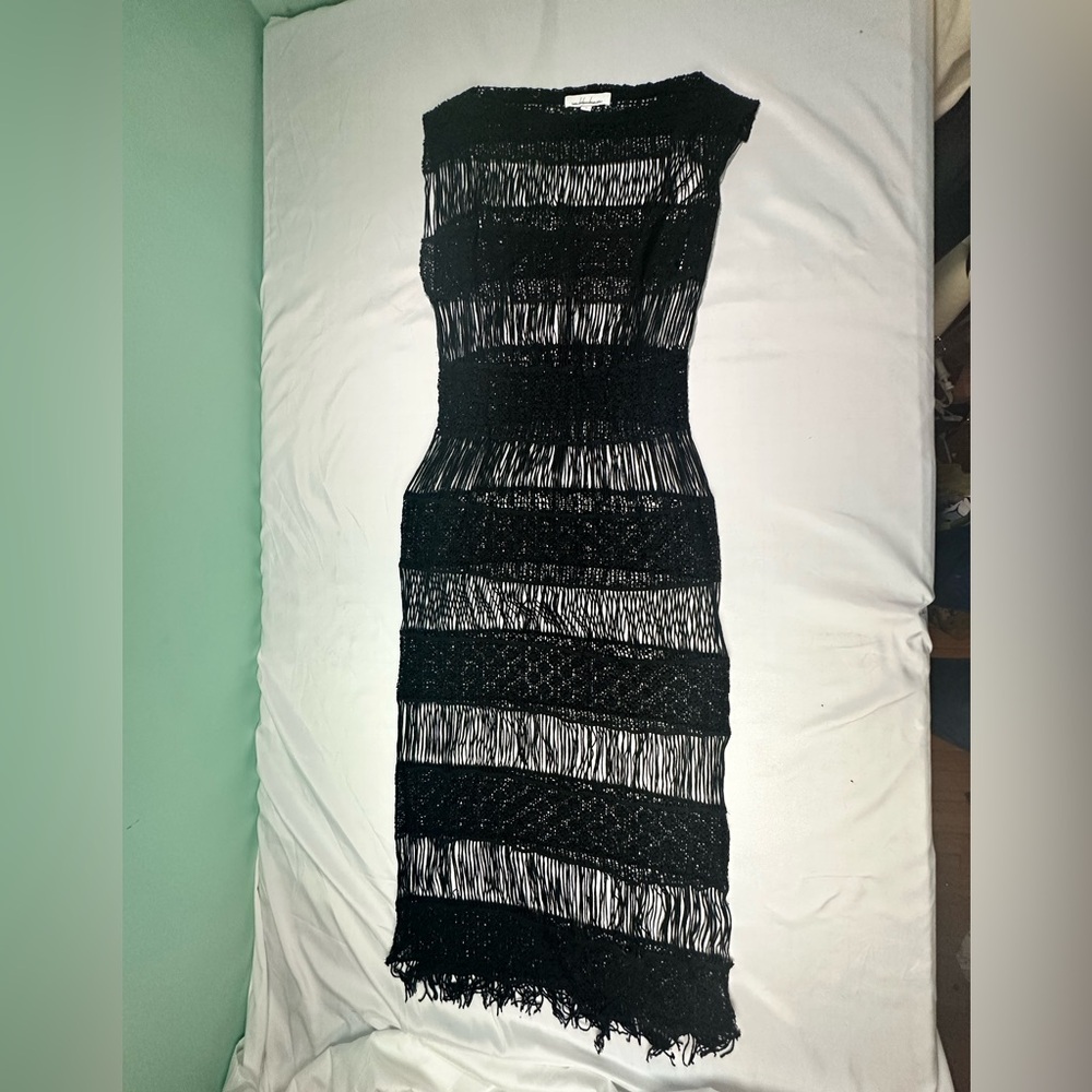 Calla Han Black Crochet Fringe Bodycon Dress | Sheer Knit Cutout | Size Small